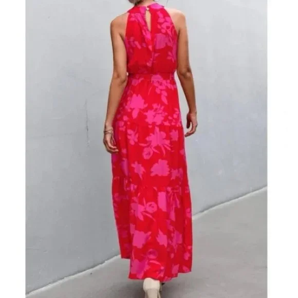 red pink floral print belted halter maxi dress - Boho - Picture 7 of 11